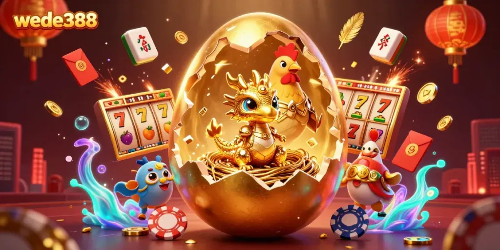 Wede388, merayakan kemenangan dengan naga emas dan chip poker di kasino.