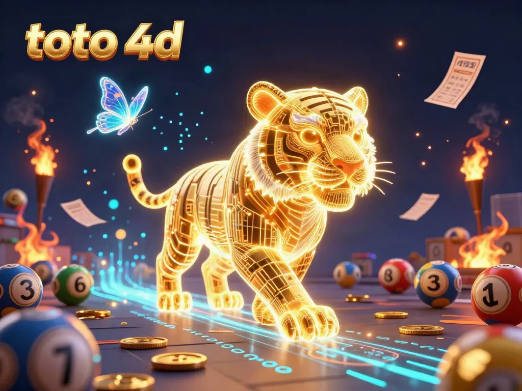 Experience the excitement of toto 4d with a vibrant digital lottery landscape showcasing a golden tiger and glowing elements.