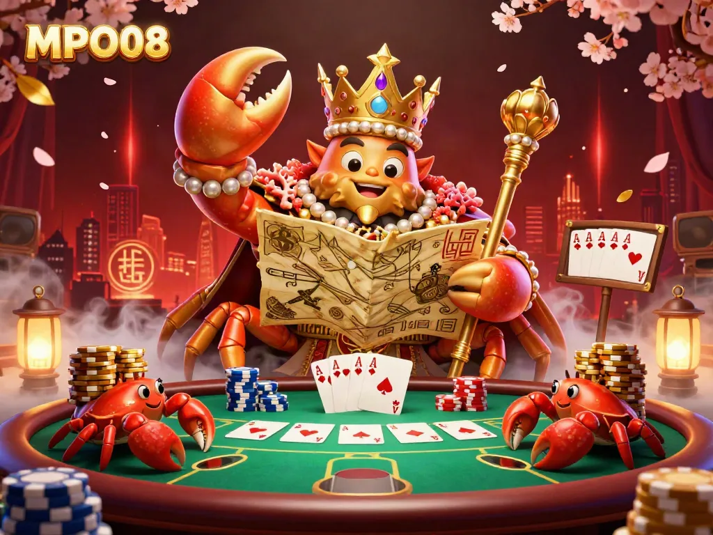 Engage with MPO08's vibrant golden crab emperor in an animated casino scene, exploring thrilling poker dynamics.