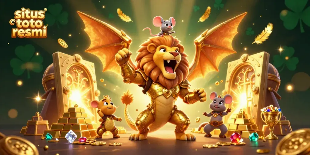 Experience the excitement of situs toto resmi with a roaring chimera and treasure-filled scene.