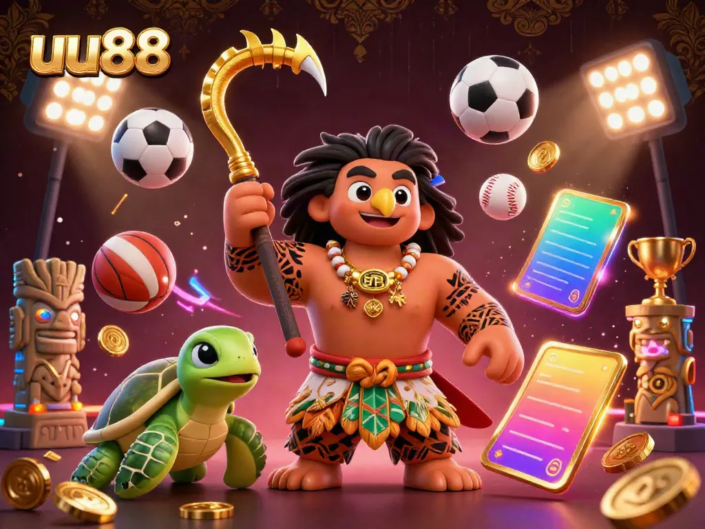 uu88 offers vibrant casino action with a demigod and turtle amidst sports elements and glowing tiki statues.