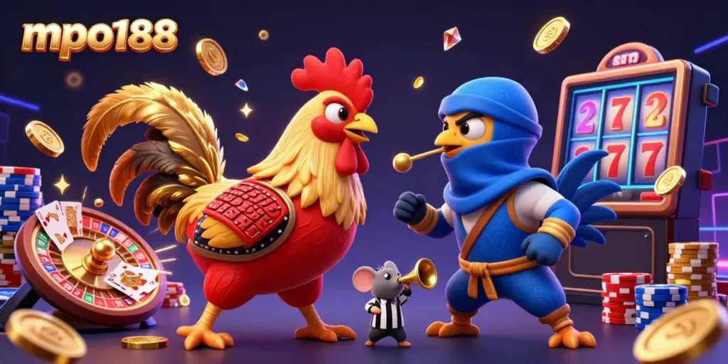 Mpo188 menghadirkan pertarungan ayam 3D bertema kasino dengan koin emas dan batu permata yang tersebar.