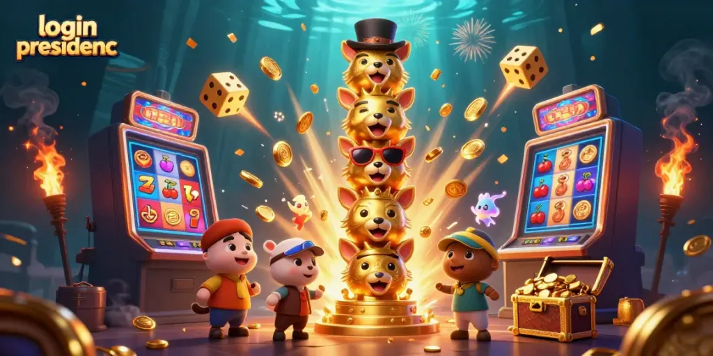 Spin to win with login presidencc in this vibrant, dynamic casino-themed illustration filled with excitement.