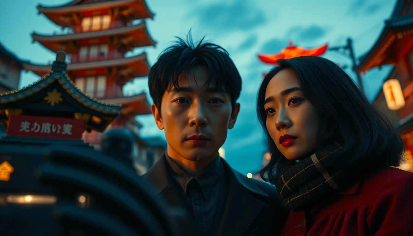Bintang film jepang beraksi dalam momen dramatis di kota yang berwarna-warni