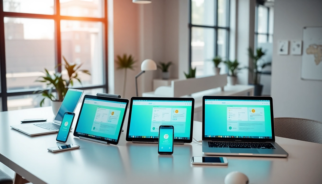 Showcasing SaaS application interface on multiple devices in an innovative office setting.