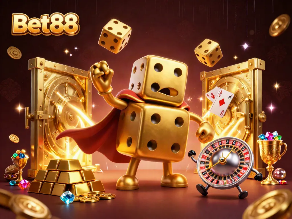 Experience the thrill at Bet88 with an ultra-detailed 3D casino illustration featuring dynamic gaming elements.