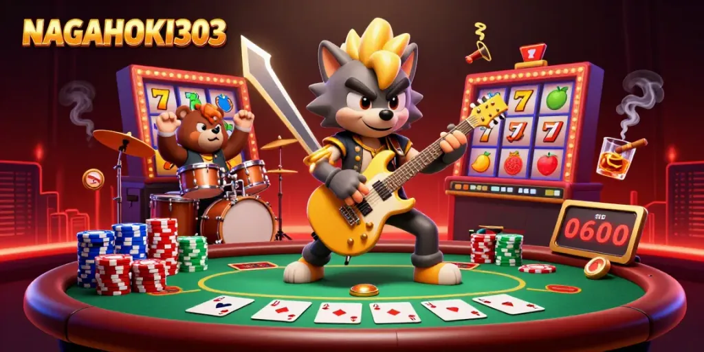 NAGAHOKI303 showcases thrilling slot action featuring a rock star wolf and energetic bear in a vibrant casino scene.