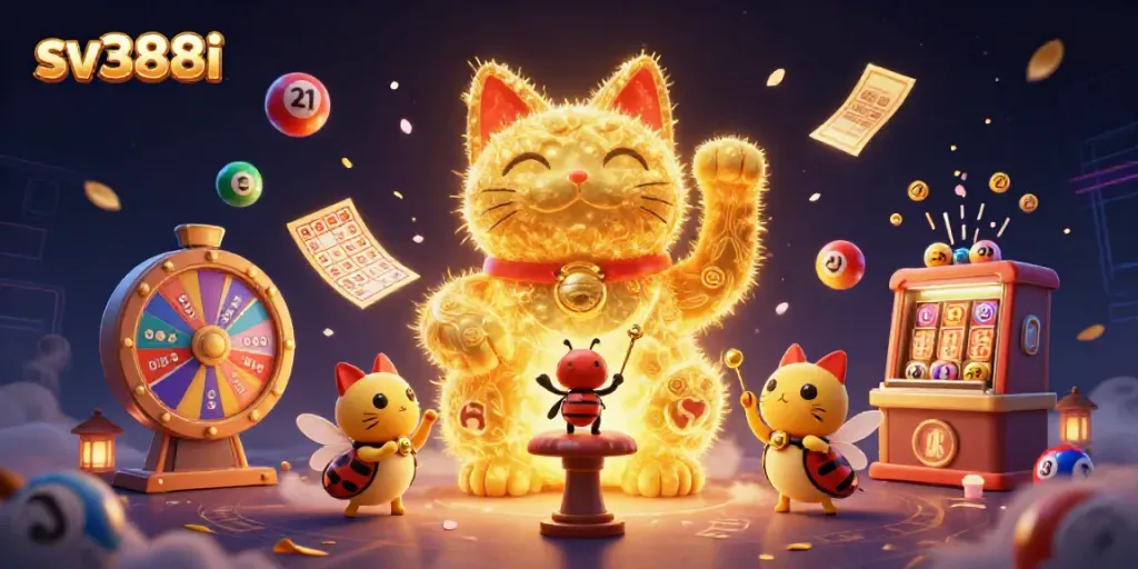 Experience fun with sv388i's golden lucky cat and dynamic lottery elements in a vibrant casino illustration.