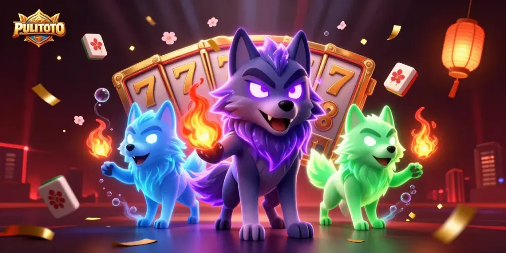 PULITOTO engages players with animated slot reels, glowing mahjong tiles, and ghostly wolves in a vibrant casino scene.