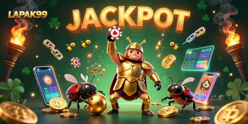 LAPAK99 unleashes the excitement with a 3D beetle champion celebrating a big win among cryptocurrency coins and jackpot sparks.