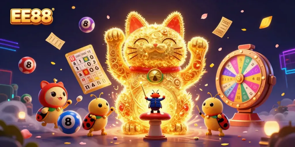 Experience the exciting EE88 casino world with dynamic elements and a lively golden cat.