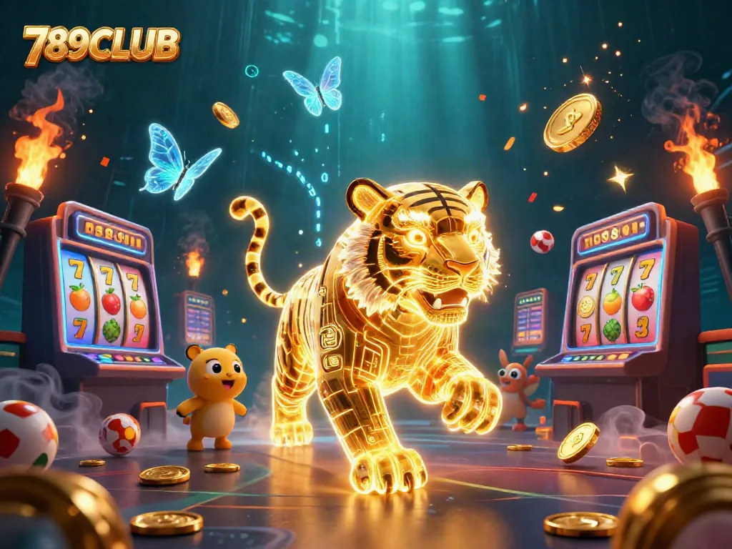 Engage with 789CLUB's immersive gaming world featuring vibrant 3D illustrations of golden tigers and slots.
