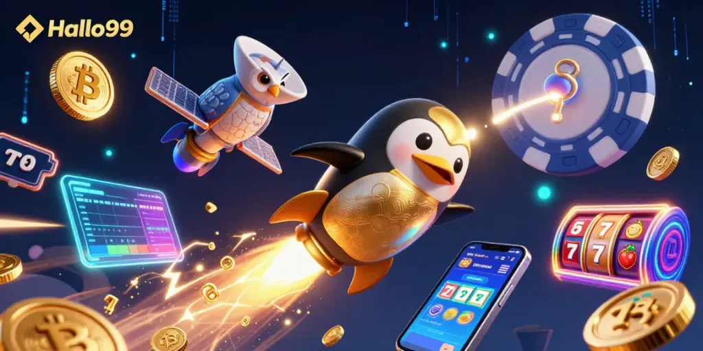 Experience thrilling gaming with Halo99, featuring a golden penguin with slots and crypto elements.