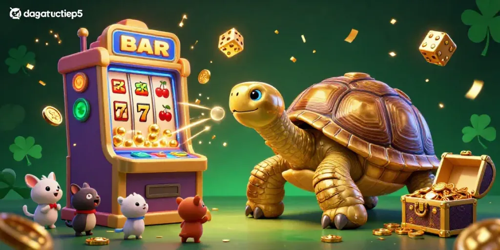 Experience the excitement of dagatructiep5 with a lively golden tortoise pinball machine scene bursting with joyful casino elements.