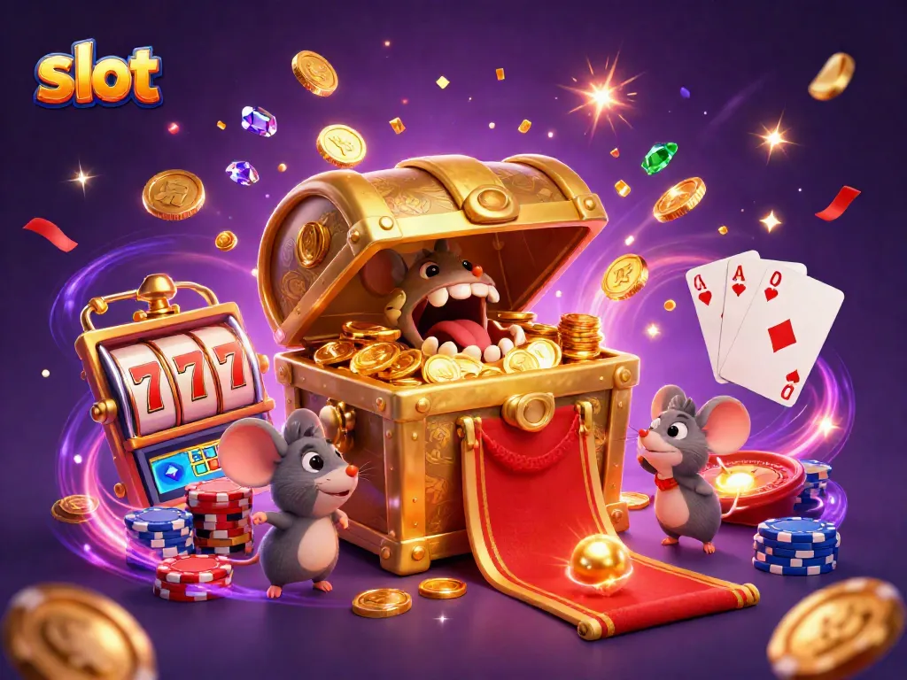 Putaran slot di kasino virtual dengan tumpukan koin emas dan simbol keberuntungan.