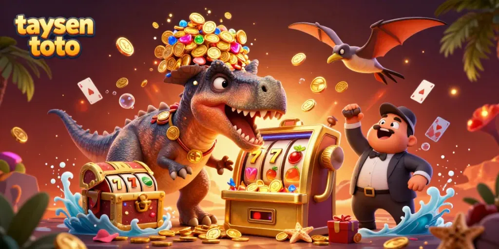 Experience jackpot wins with the taysen toto pachycephalosaurus and casino antics in a vibrant slot scene.