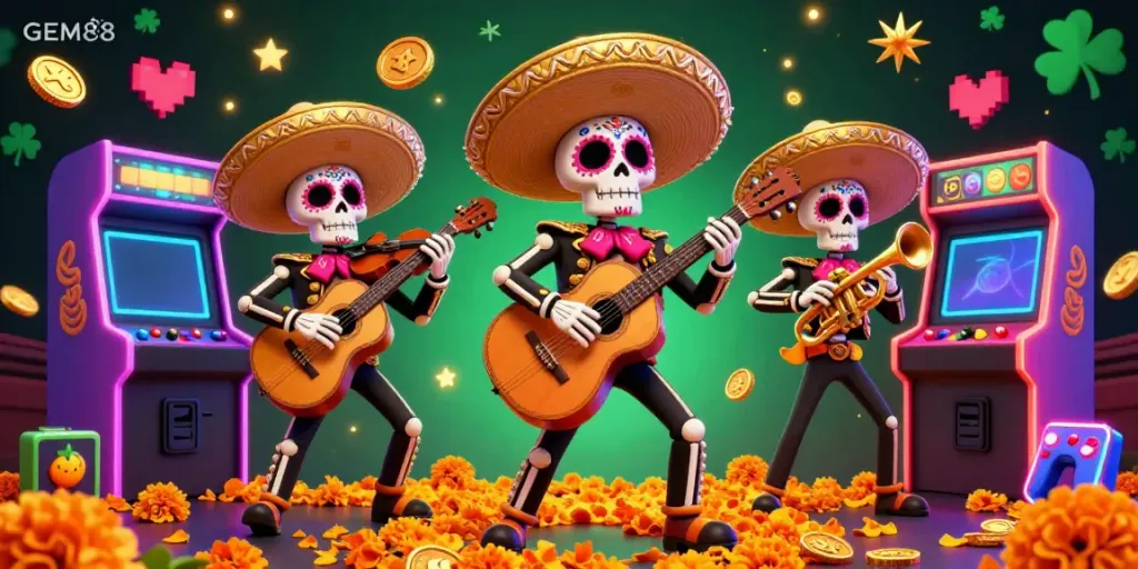 Experience the vibrant gaming environment at GEM88 with a Day of the Dead mariachi band amidst arcade treasures.