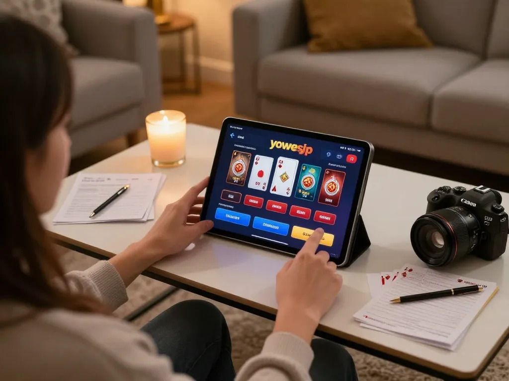 Engaging home gaming scene featuring a player using the yowesjp app for strategic betting.
