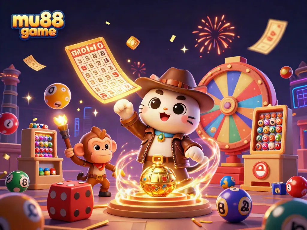 Experience the excitement of mu88 game with a cat archaeologist discovering a golden artifact amid colorful gaming elements.