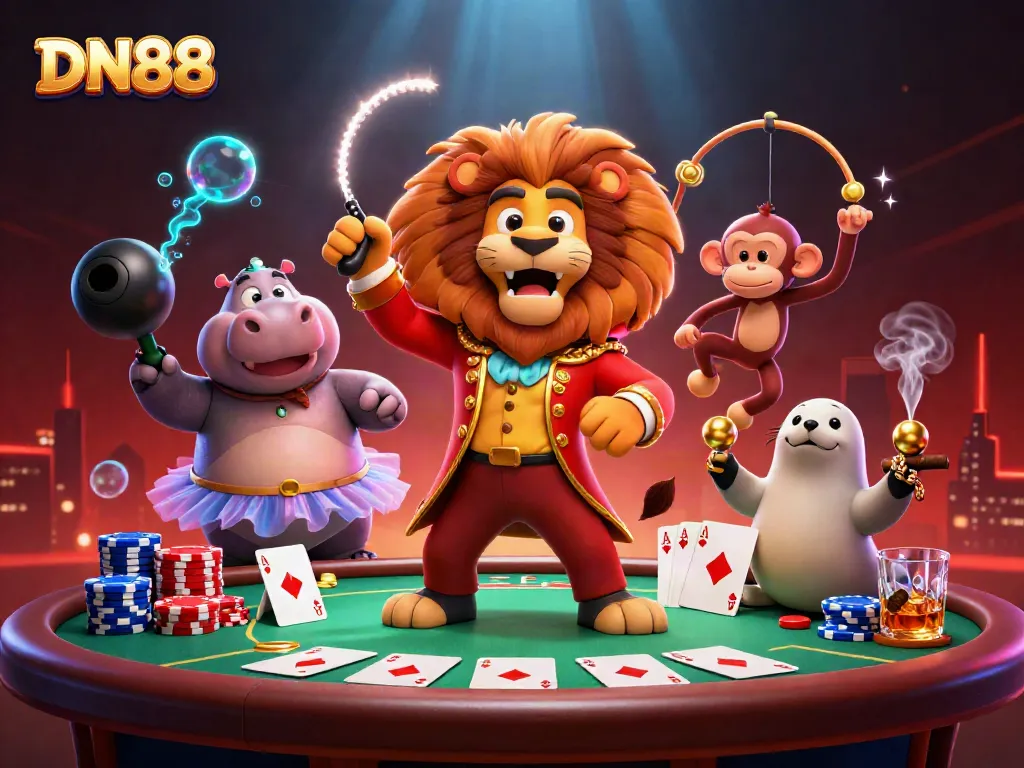 Engage with the vibrant world of DN88, featuring a playful circus scene with animated gambling elements.