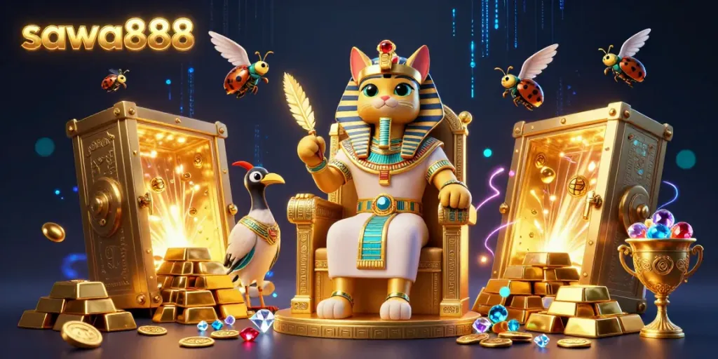 Experience the thrill with sawa888 in this vibrant Egyptian-themed casino scene filled with treasures.