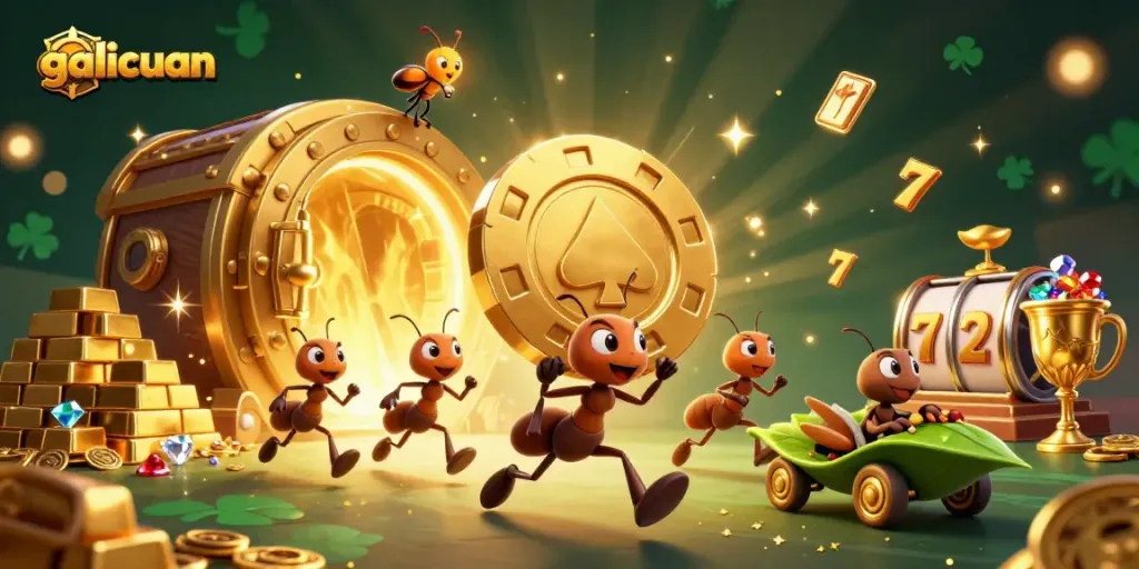 Visualisasi tim semut galicuan beraksi mencuri chip poker raksasa dengan latar kasino yang megah.