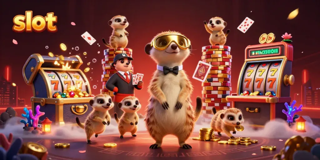 Meerkats menjalankan operasi kasino dengan slot berwarna-warni, jackpot melimpah, dan peti harta karun di sekitar mereka.