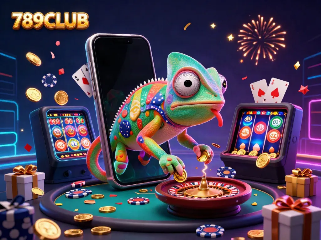 Engage with the vibrant world of 789CLUB, where a chameleon dealer captures coins amid dynamic casino game visuals.