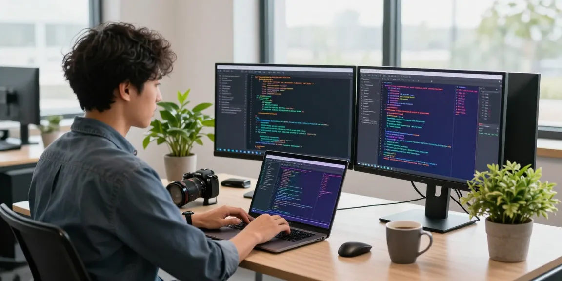Pengembang perangkat lunak dengan laptop dan dua layar menunjukkan kode SGA33 dalam suasana kantor modern.
