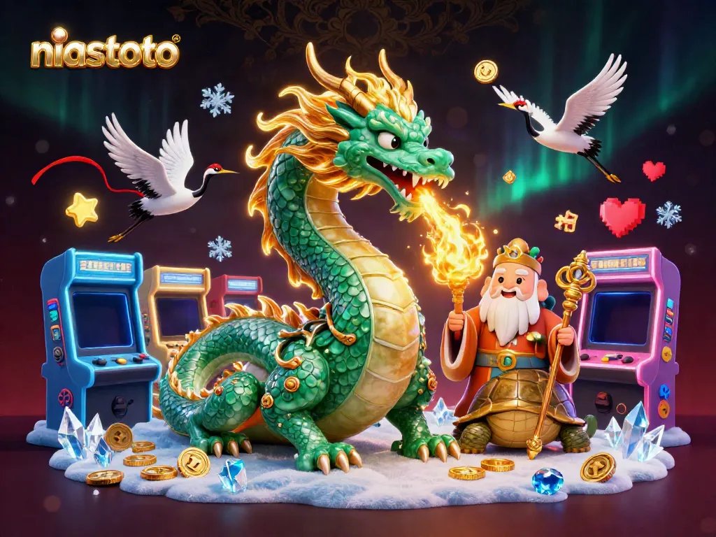 Experience niastoto's thrilling gameplay with a vibrant dragon, turtle sage, and lucky cranes in action.