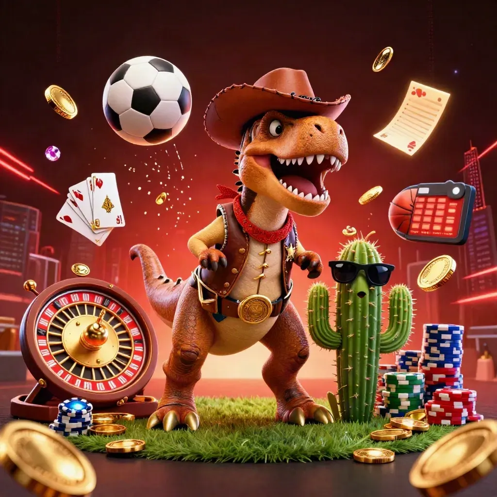 T-Rex koboi kartun, kaktus berkacamata, dan roadrunner sheriff dikepung koin emas dan bola olahraga neon.