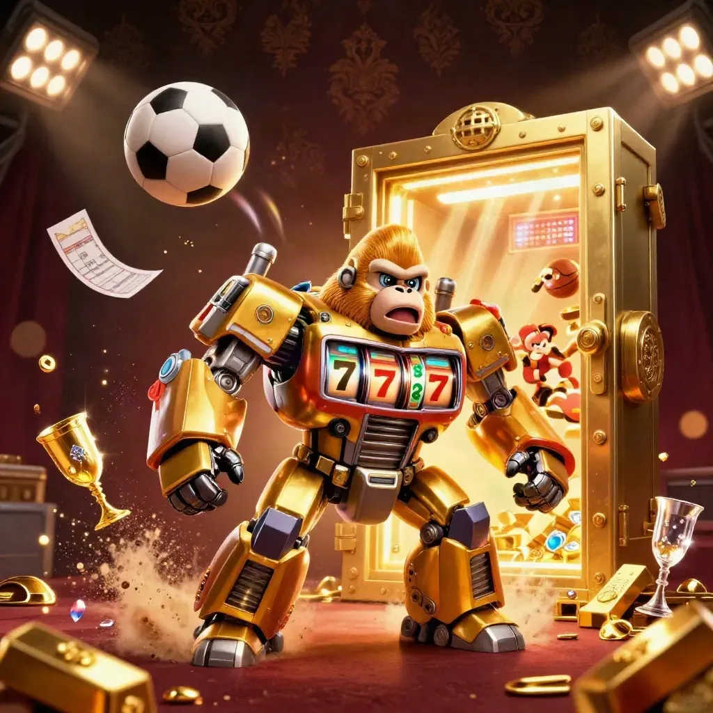 Gorila emas mech kasino, bola sepak dan basket melesat, harta emas berhamburan.
