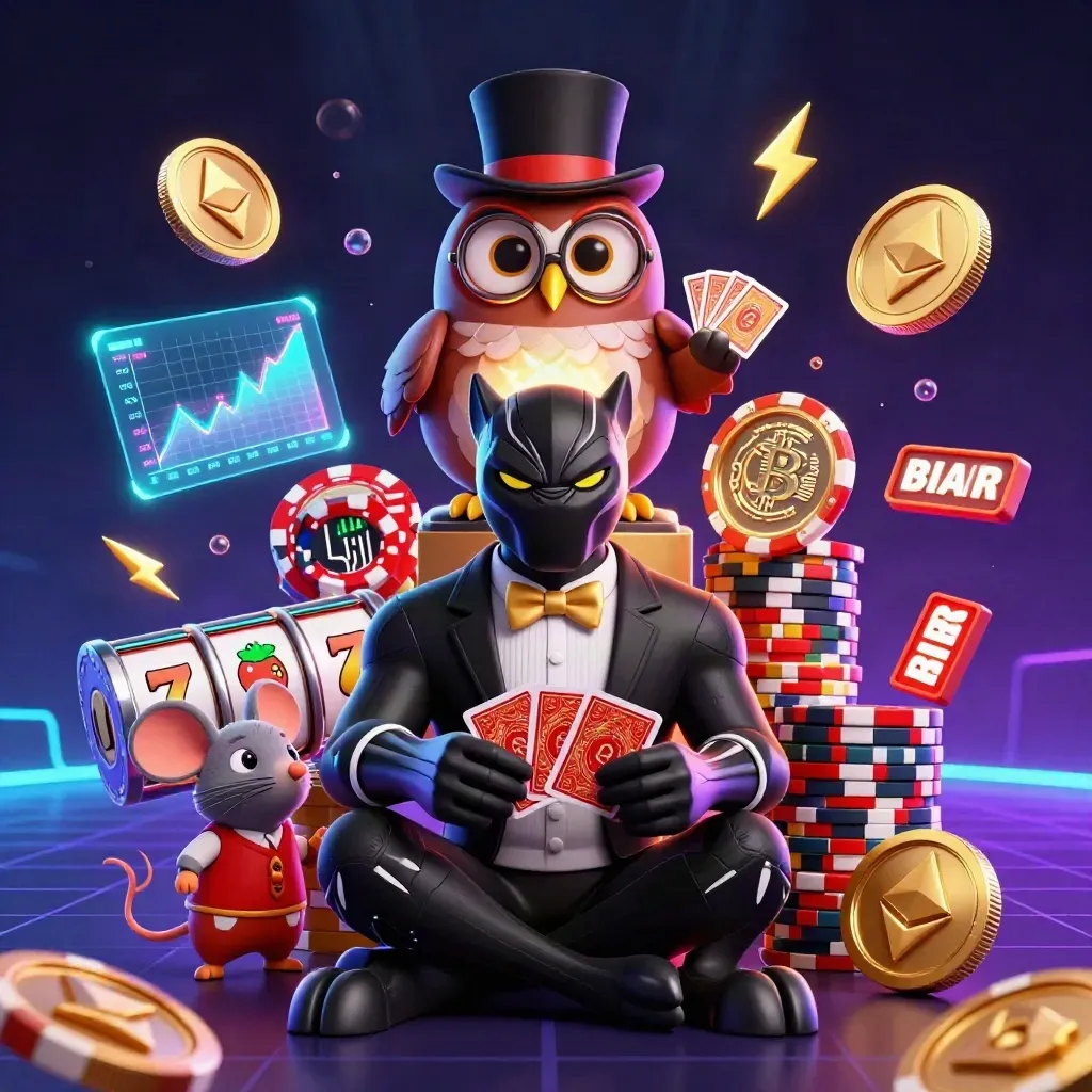 Panther, burung hantu, dan tikus 3D di antara koin neon dan efek kasino futuristik.