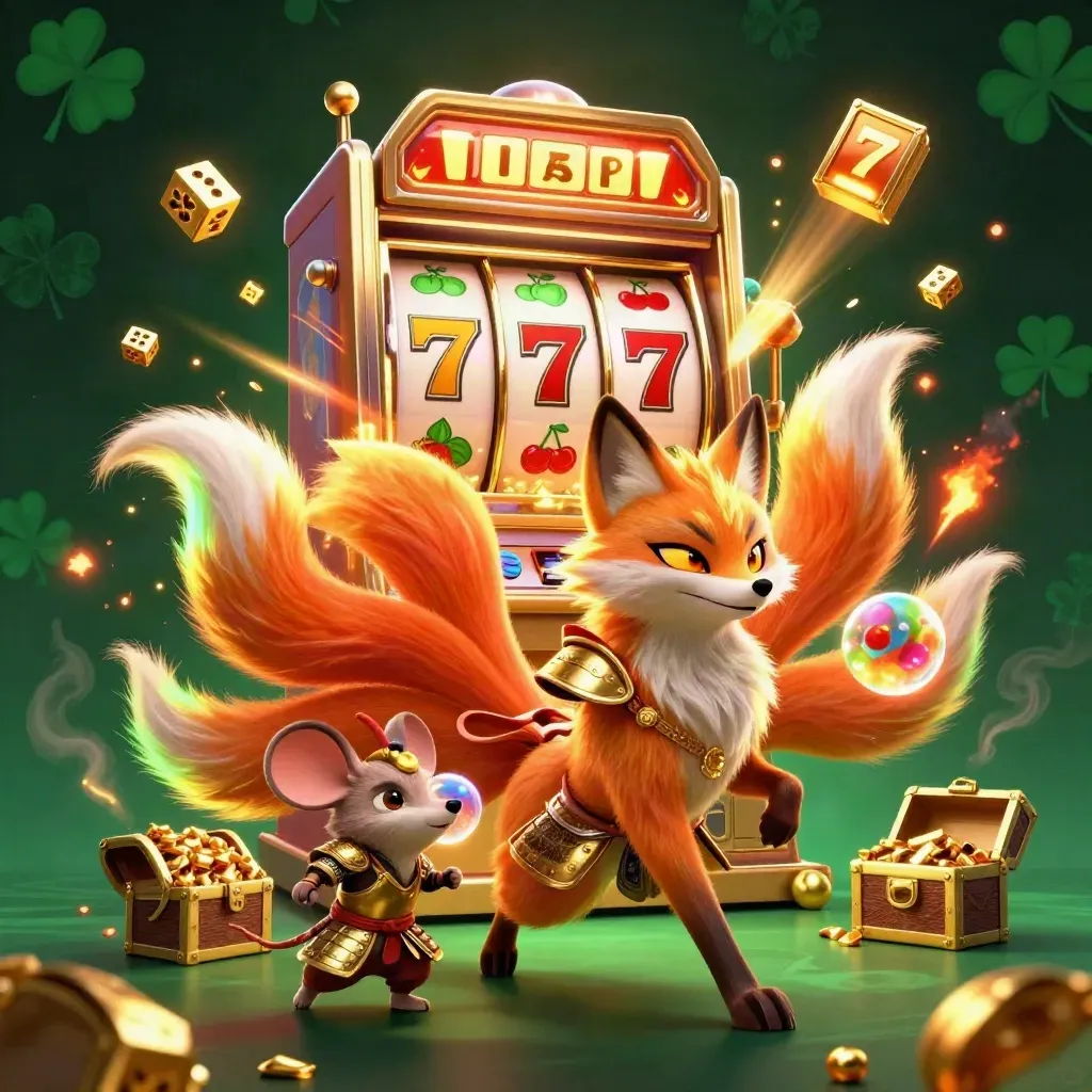 Rubah ekor sembilan dan tikus samurai emas dikelilingi simbol slot, emas, dan efek neon.