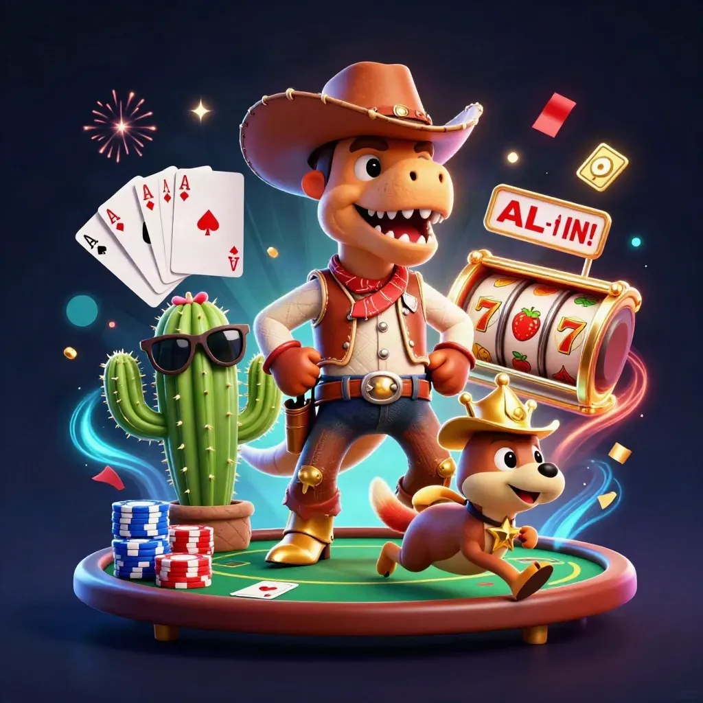 Dinosaurus koboi, kaktus, dan burung kecil dikelilingi chip poker dan efek neon.