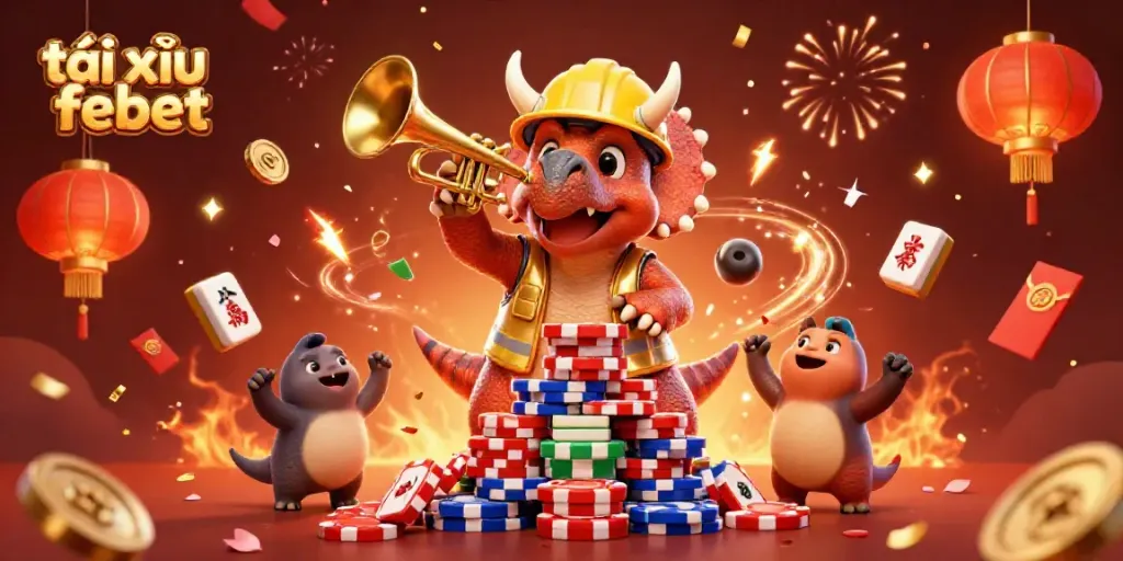 Engaging illustration of tài xỉu febet with a vibrant 3D scene featuring a triceratops and celebration elements, celebrating thrilling games.
