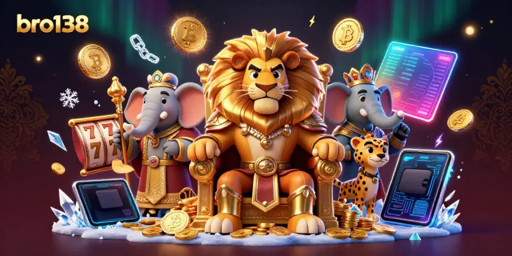 Win big with bro138 at the jackpot slots surrounded by digital riches and royal characters.