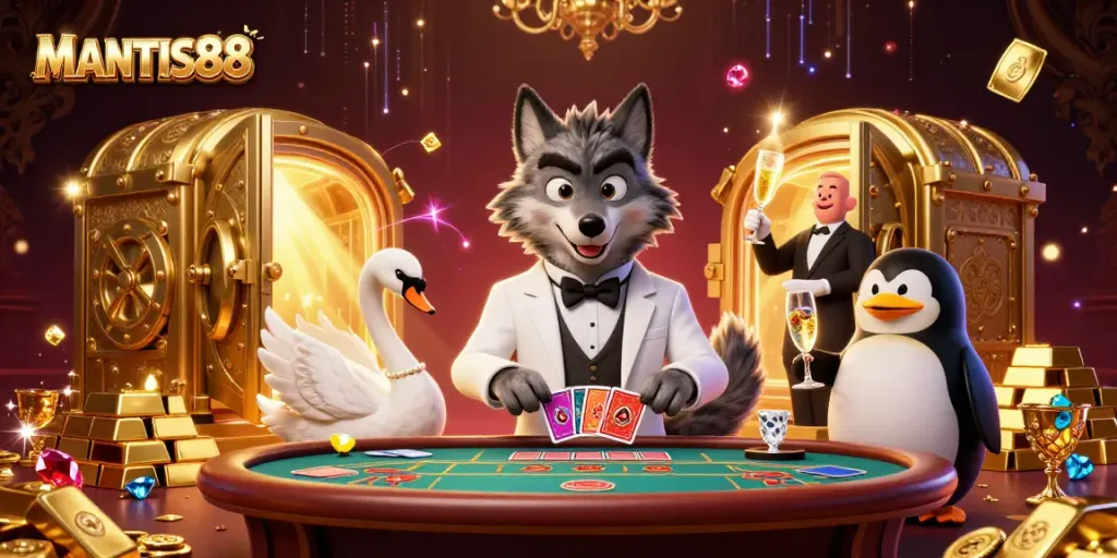 MANTIS88 brings luck at baccarat with a debonair wolf, swan dealer, and penguin sommelier