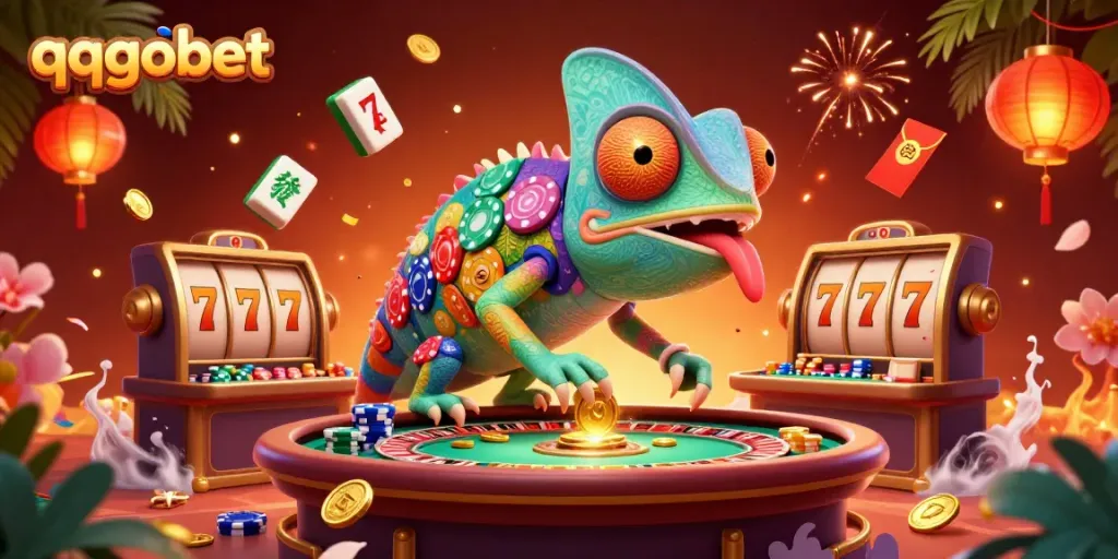 qqgobet menyajikan ilustrasi 3D karakter chameleon kasino yang unik dikelilingi elemen judi berkilau