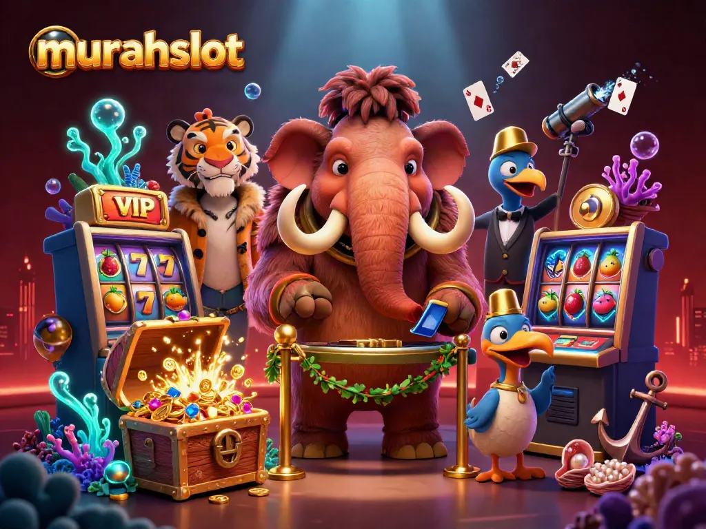 Join the excitement at murahslot with a furry bouncer and vibrant casino game elements in a lively scene.