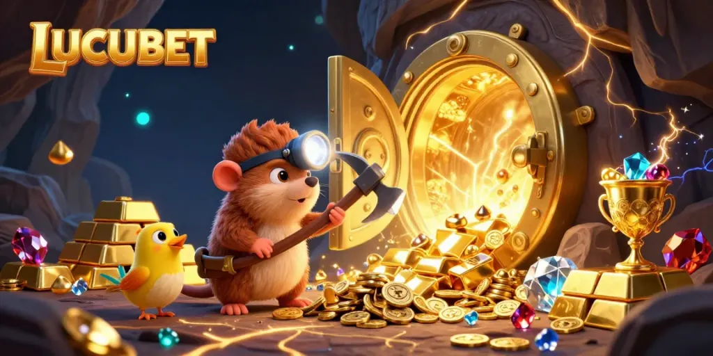 LUCUBET treasure hunter mole discovers hidden gems and gold in a vibrant, detailed 3D gambling scene.