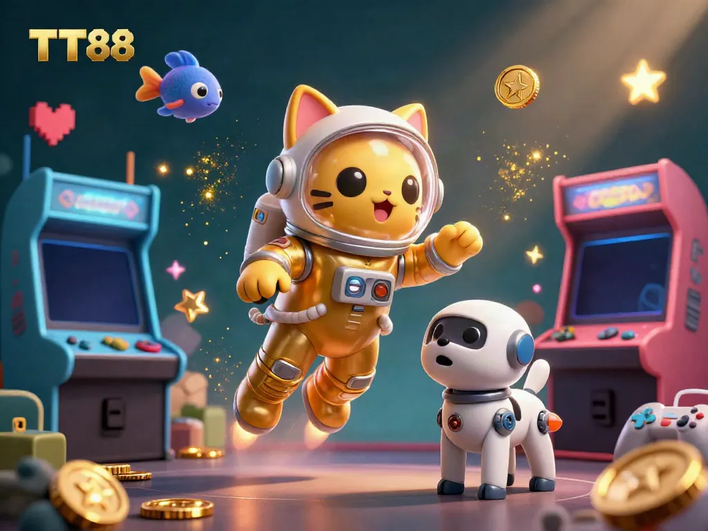 Experience TT88's vibrant online gaming atmosphere with a cat astronaut and robot dog in a cosmic setting.