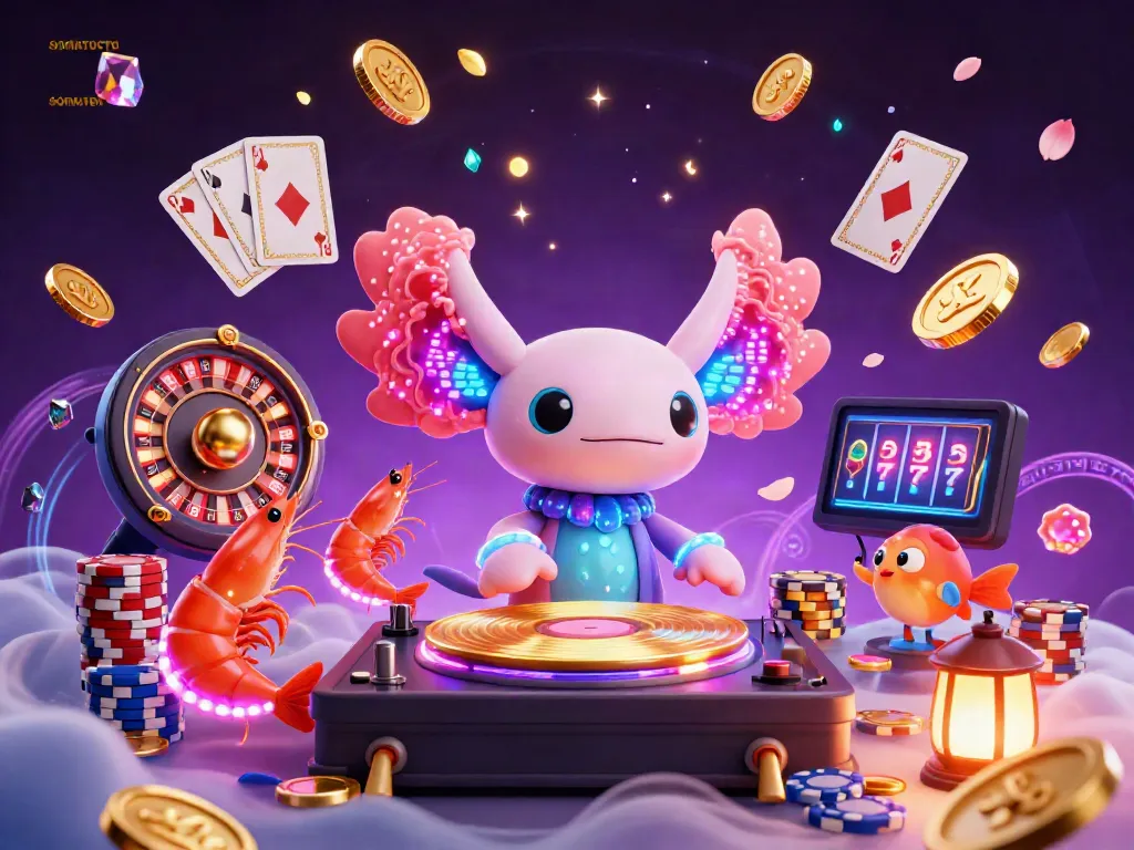 Experience thrilling wins at SOMATOTO with a vibrant axolotl DJ spinning in a magical casino scene.