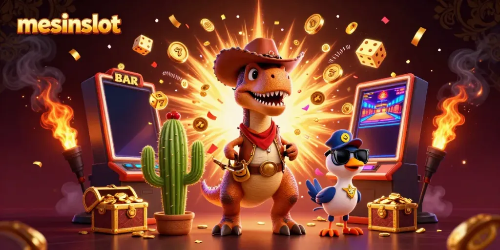 Engage with mesinslot's exciting world as a cartoon dinosaur and friends burst through a jackpot scene emitting dazzling coins.