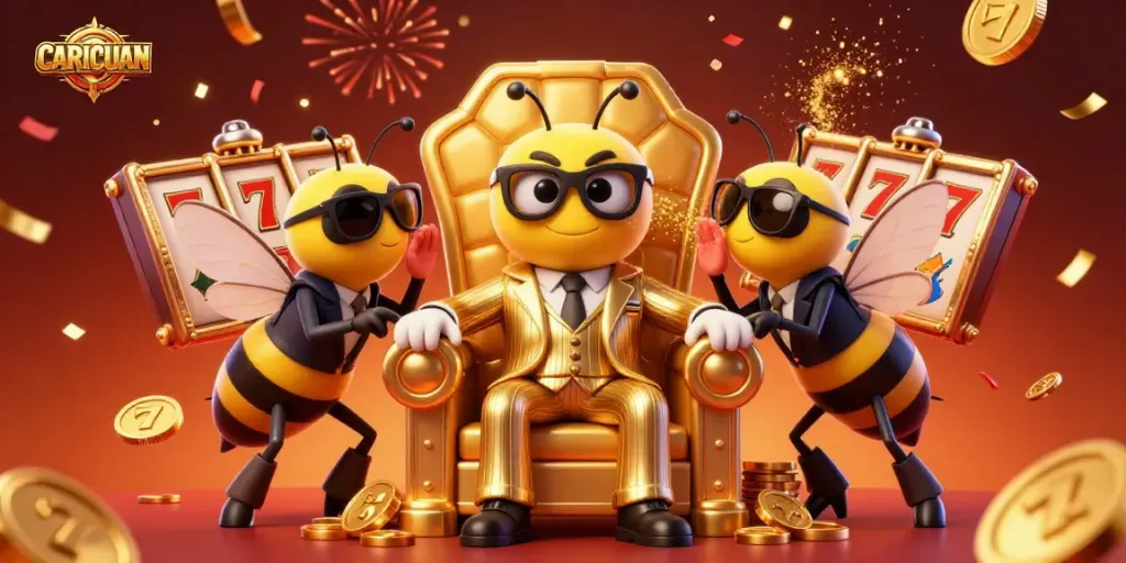 Experience winning excitement with CARICUAN in a vivid 3D casino scene, featuring vibrant slot elements.