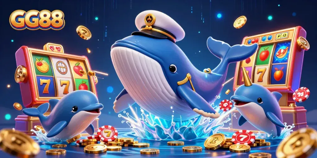 Engage with GG88 in this vibrant underwater casino scene featuring a playful whale, slot reels, and poker chips.