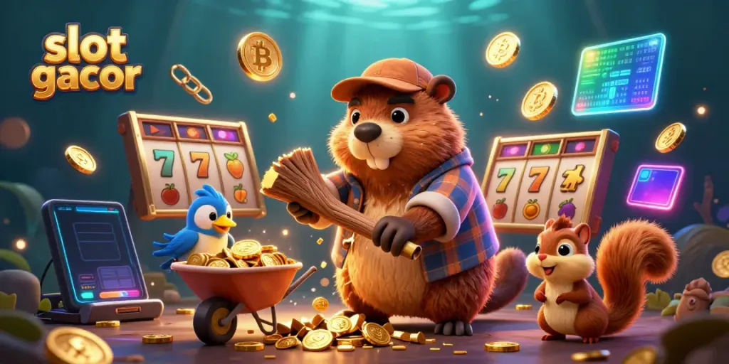 Menangkan slot gacor dengan beaver pemotong pohon yang menciptakan koin emas di kasino 3D.