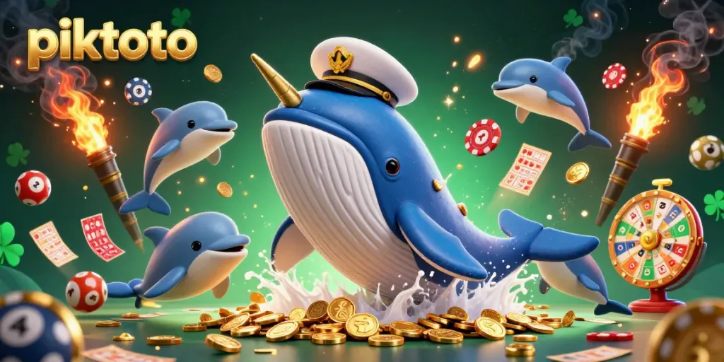 Place bets on piktoto with a whimsical scene featuring playful dolphins, a whale, and golden lottery elements.
