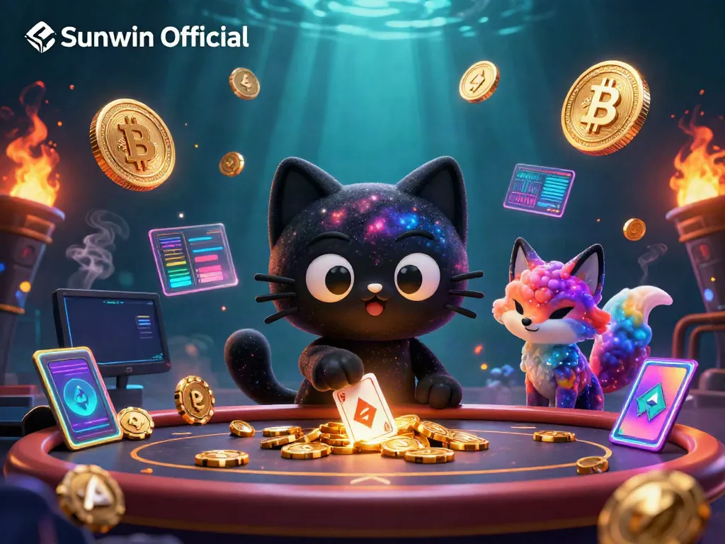 Experience cosmic gaming with Sunwin Official, featuring a black hole cat and glowing cryptocurrency, rich in details.