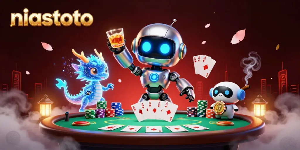 Ilustrasi 3D niastoto dengan robot cyberpunk dan elemen kasino, menawarkan keseruan bermain.